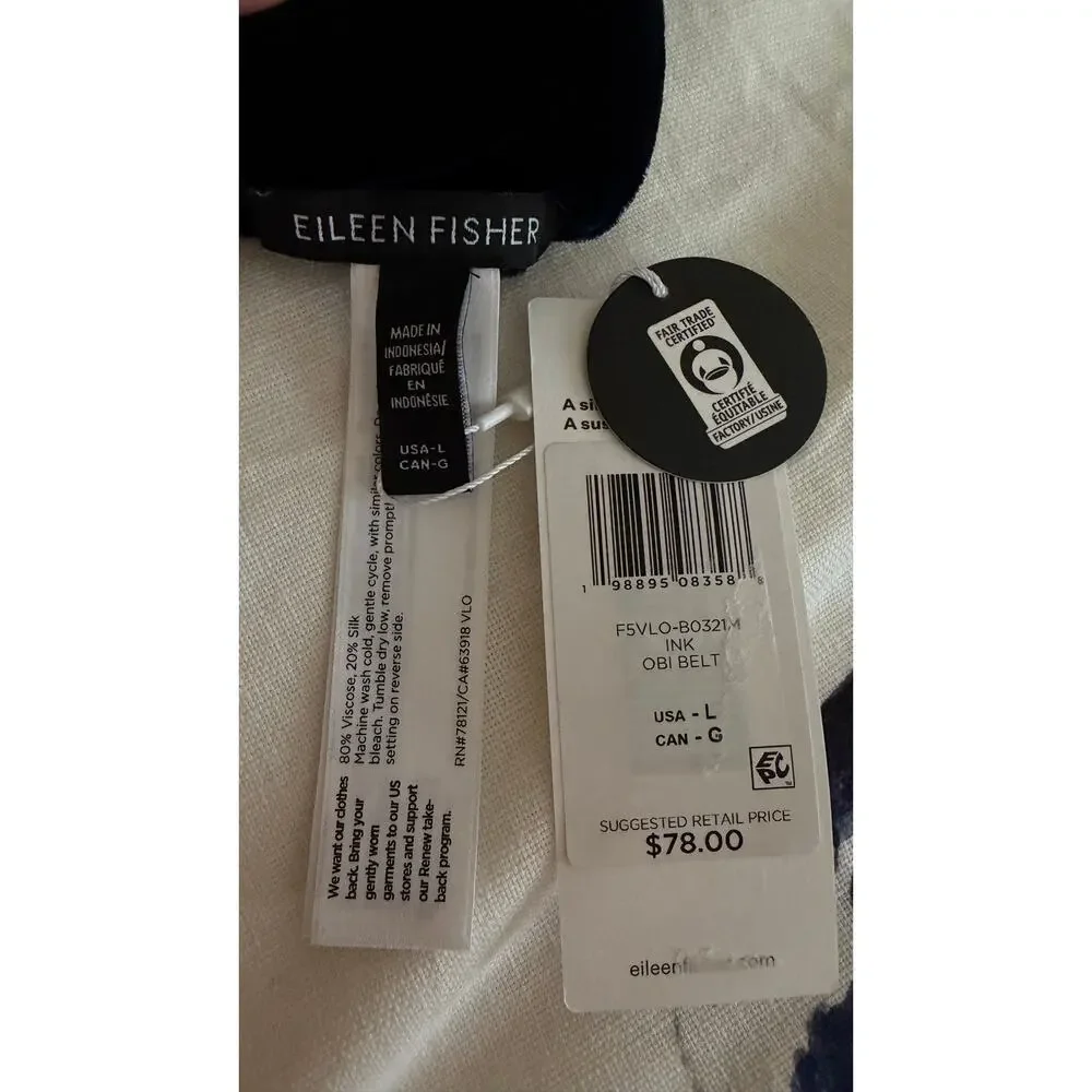 Eileen Fisher Velvet Wrap Belt Navy Blue Silk Blend Obi Sash Size L NWT $78